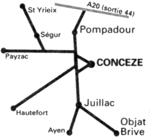 Plan d'acces Fête de la Framboise à Conceze en Correze dans le Limousin. Conceze situe entre Pompadour et Juillac, 35Kms de Brive, 70Kms de Périgueux et Limoges